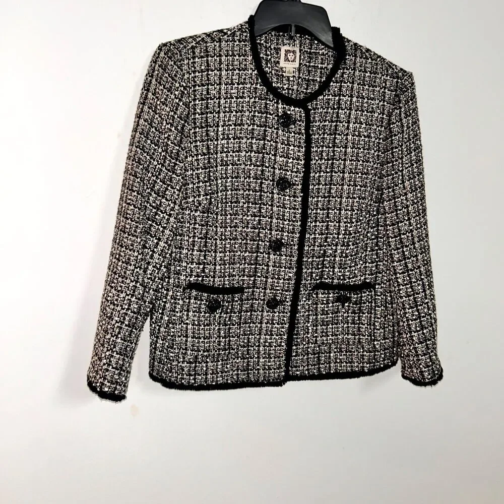 Anne Klein Blazer Women's 8 Black White Tweed Fringe Trim Career Office Wear